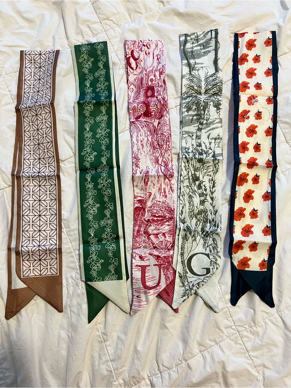 Assorted Patterned Skinny Scarves - Green, Pink, Gray, Brown, White